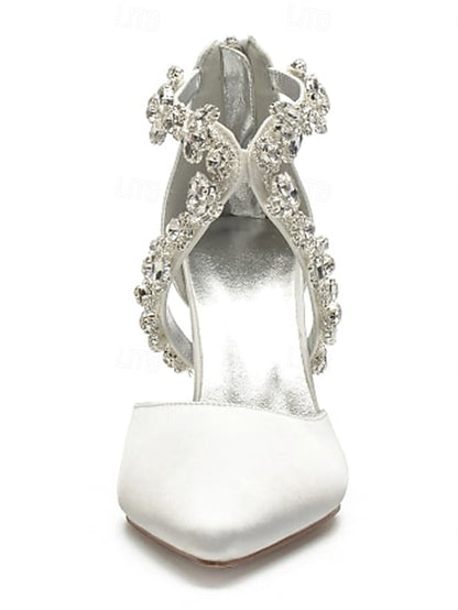 Heels Satin Women's White Pointed Crystal Strap – Elegant