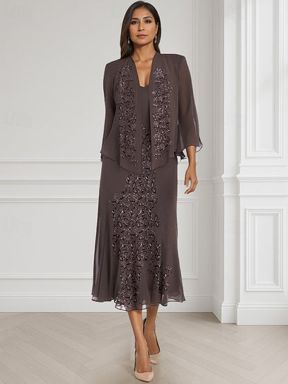 Dress Mother Two Piece the Neck Square A-Line of Bride Elegant