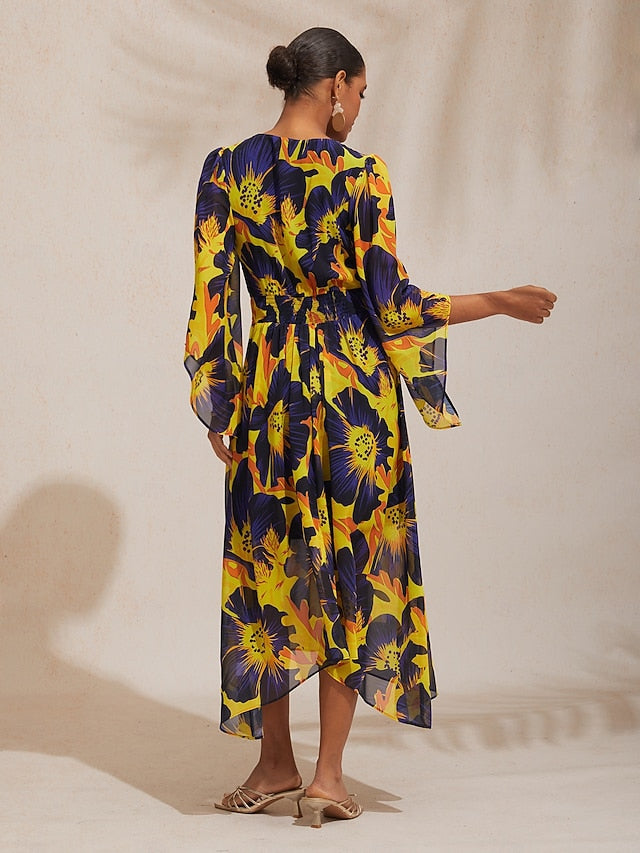 Vacation Abstract Floral Print Waist-defined Chiffon Maxi Dress