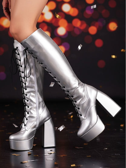 Lace-Up Platform Metallic - Women's Boots High Knee Silver