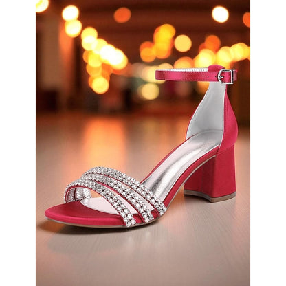 Purple Block with Heel Rhinestone Satin Sandals Women's