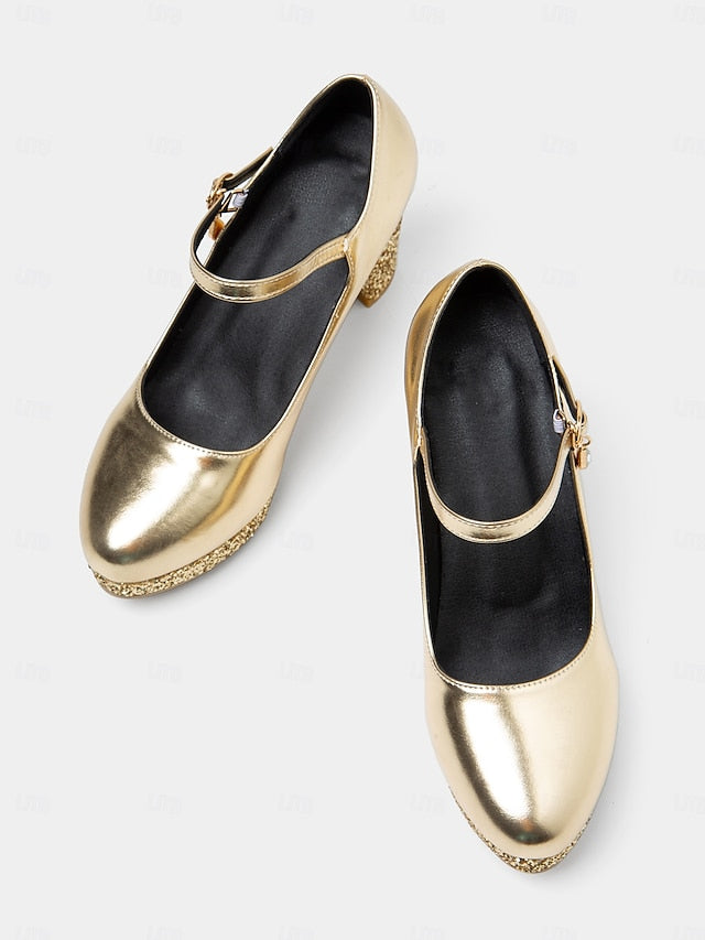 Jane Heel Block Sparkly Women's Glitter Gold Mary Pumps –
