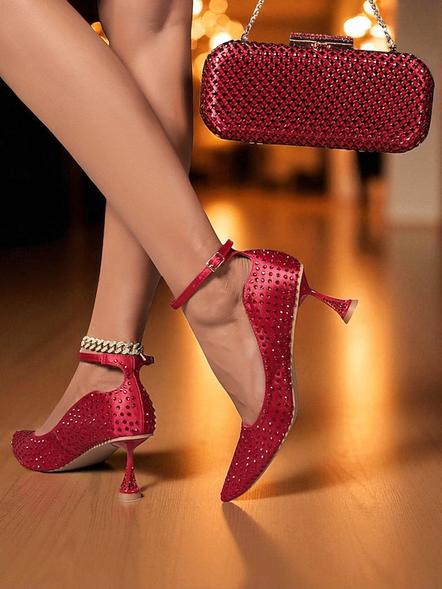 Clutch Bag Matching Women's Green and Heels Rhinestone Set