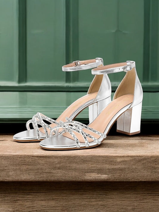 Metallic Rhinestone Block Strappy with Heel Silver Sandals