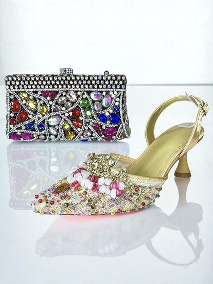 Rhinestone Set Shoes Green Bag - Clutch Heel Women's and