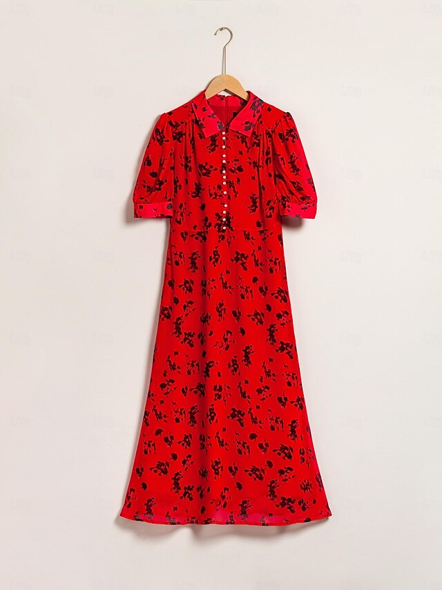 Chiffon Floral Print Puff Sleeve Midi Dress