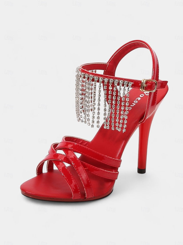 Leather Patent Stiletto Women's Rhinestone with Sandals Red