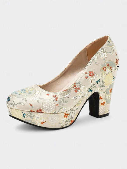 – Printed Platform Block Pumps - Floral Women's Heel