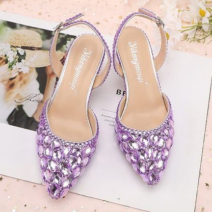 Heels Slingback Women's High Crystal Pointed-Toe Rhinestone