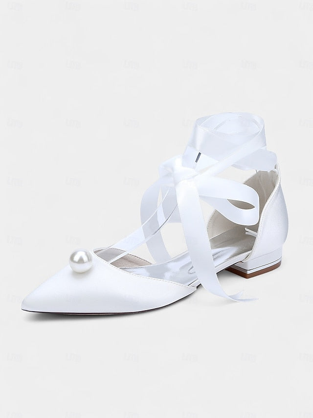 - Pointed Toe Navy Women's Pearl Satin Embellished Flats