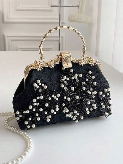 with White Floral Elegant Evening and Pearl Lace Handbag