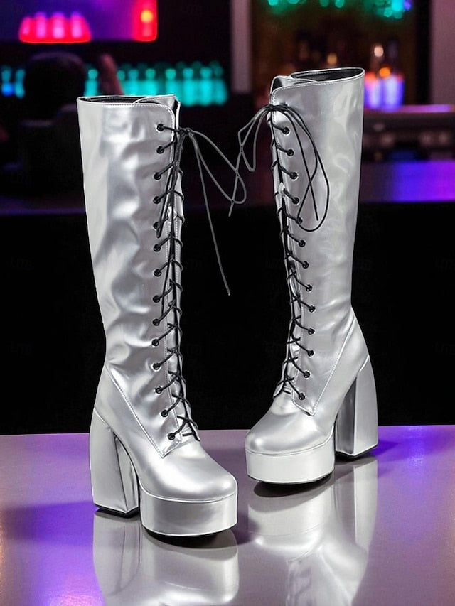 Lace-Up Platform Metallic - Women's Boots High Knee Silver