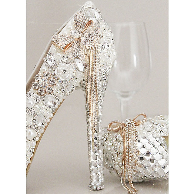 Women's White Platform Pearl Rhinestone Embellished and