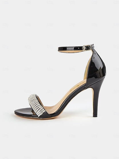 Patent Heel Black Sandals Rhinestone Leather High with
