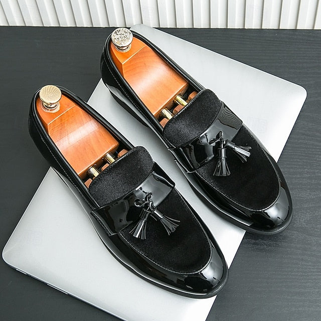 Men's Loafers Velvet Black Tassel Patent Leather – Faux