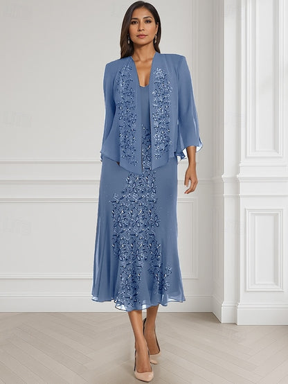 Dress Mother Two Piece the Neck Square A-Line of Bride Elegant