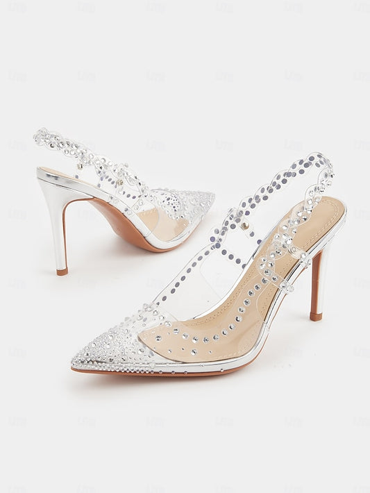 Slingback Clear Toe Women's Rhinestone Heels Pointed with
