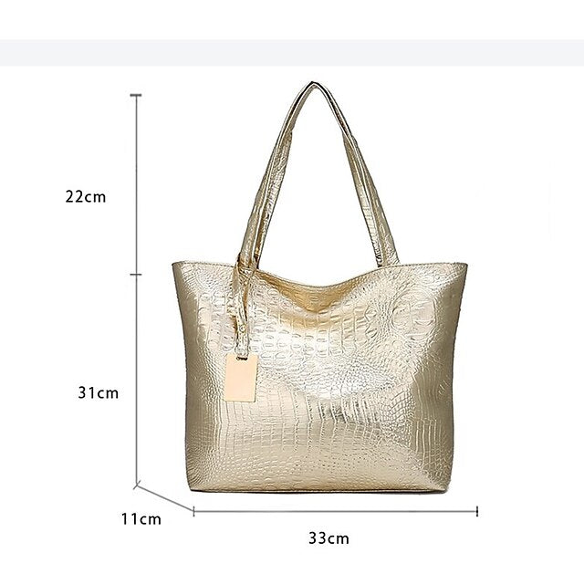 Tasche Faux Große Tote Geprägte Damen Kroko Silber | Kapazität