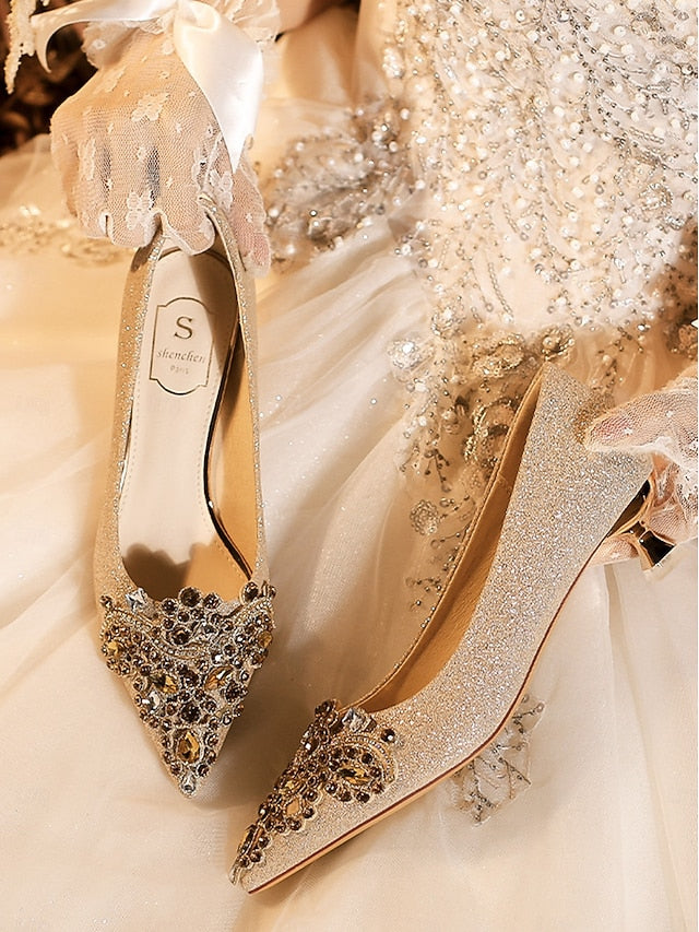 Women's Low Heel with Pointed-Toe Glitter Gold Pumps