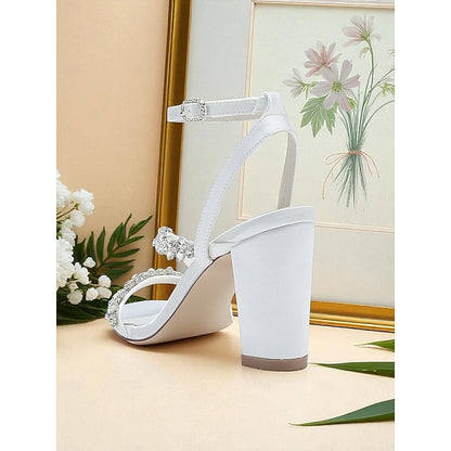 - Rhinestone Heel Block Sandals Women's Straps White with