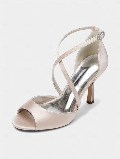 Cross-Strap Elegant Satin – Women's Heels White Peep-Toe