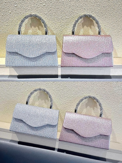 Handle Handbag with Glitter Rhinestone Women's Silver –