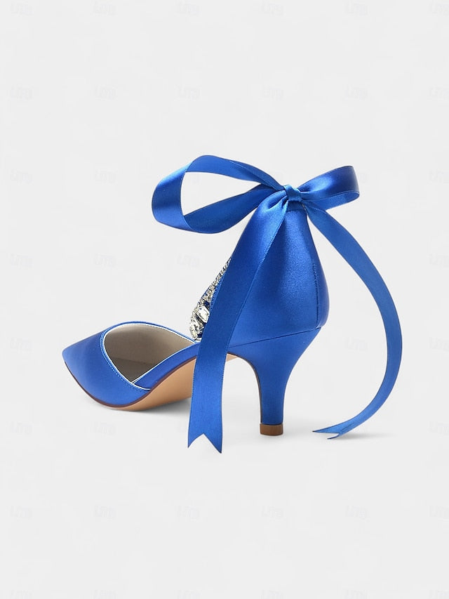 Strap Blue Heels Satin with Ankle Rhinestone and Pointed-Kitten