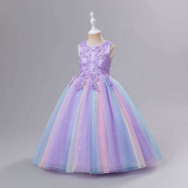 A Girls' Floral Solid Line Colored Kids Dress