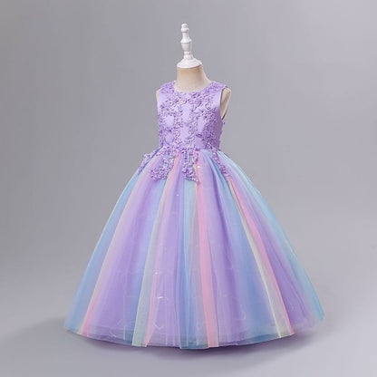 A Girls' Floral Solid Line Colored Kids Dress