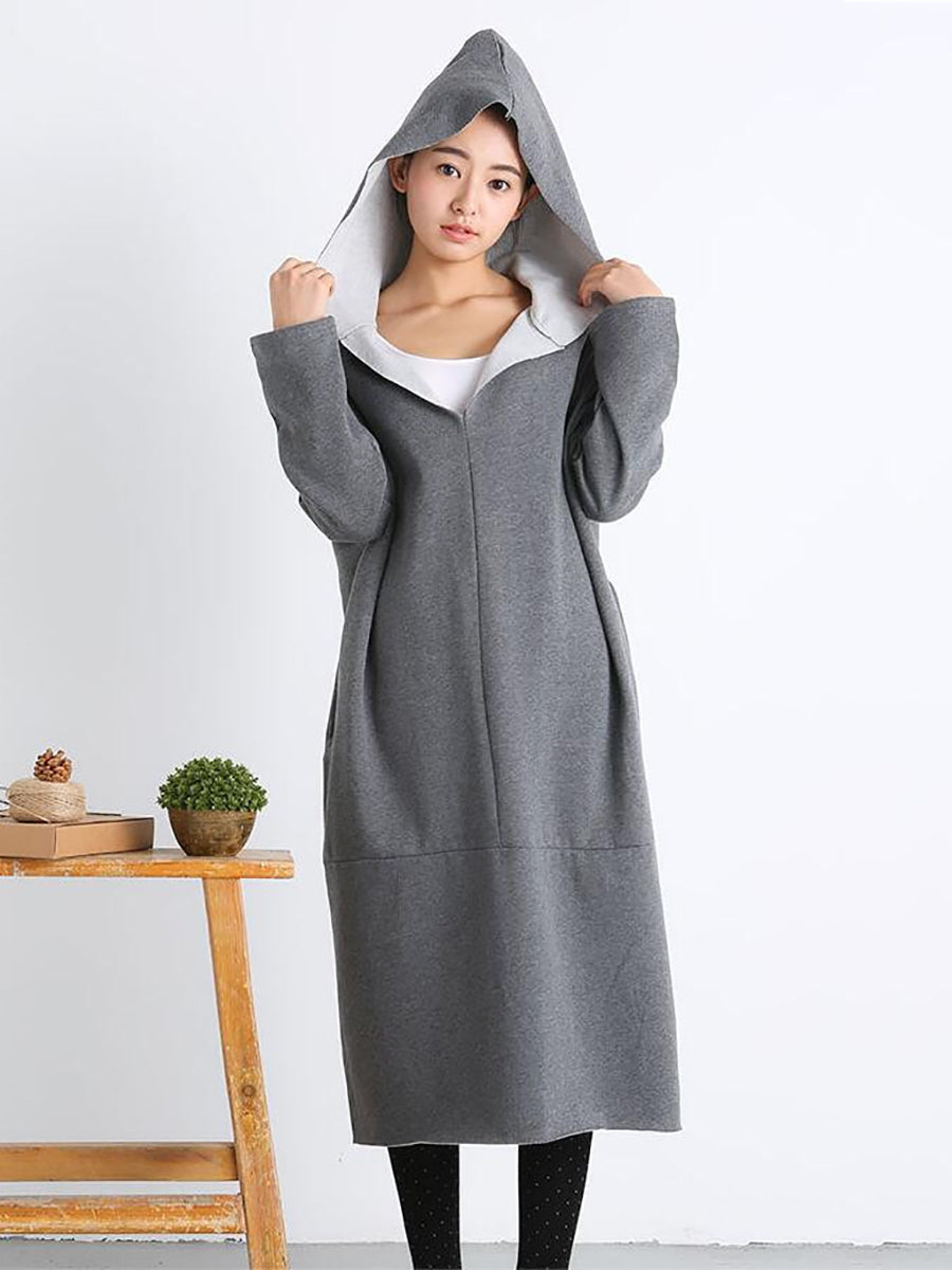 Plus Size Women Casual Pure Color Loose Pocket Hooded Dress AT1074