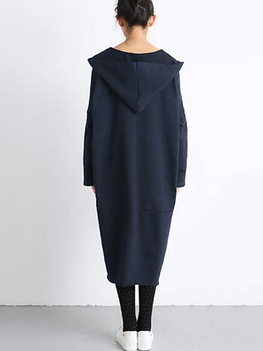 Plus Size Women Casual Pure Color Loose Pocket Hooded Dress AT1074