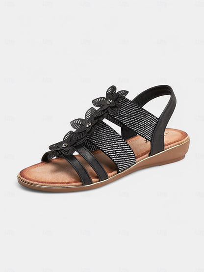 Women's Beige Sandals Floral Flat Elegant – Rhinestone