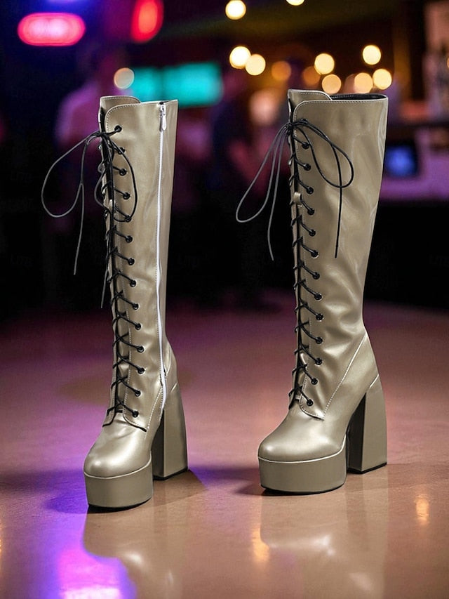 Lace-Up Platform Metallic - Women's Boots High Knee Silver