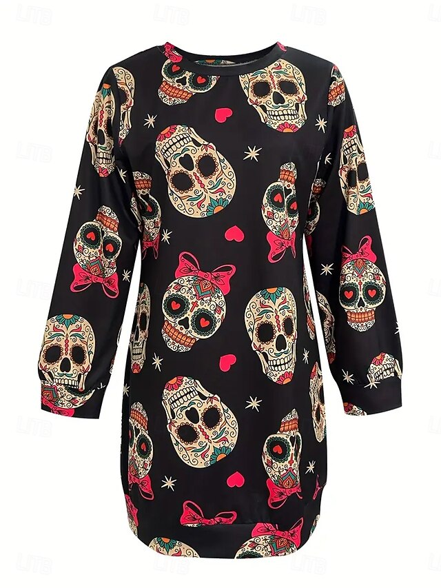 Women's Sweatshirt Dress Skulls Print Mini Dress Shift