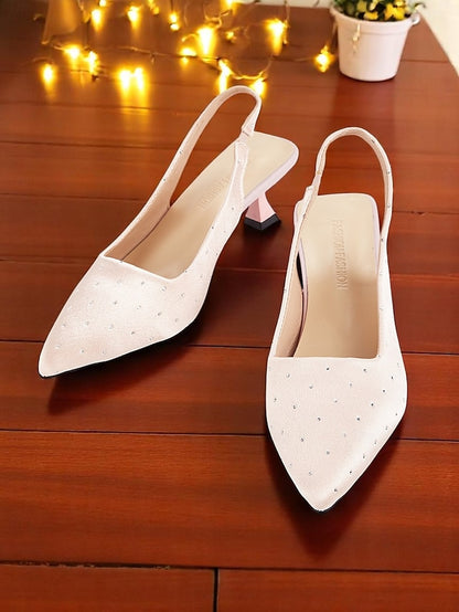 Heels Kitten Studs Satin Women's with Slingback Rhinestone