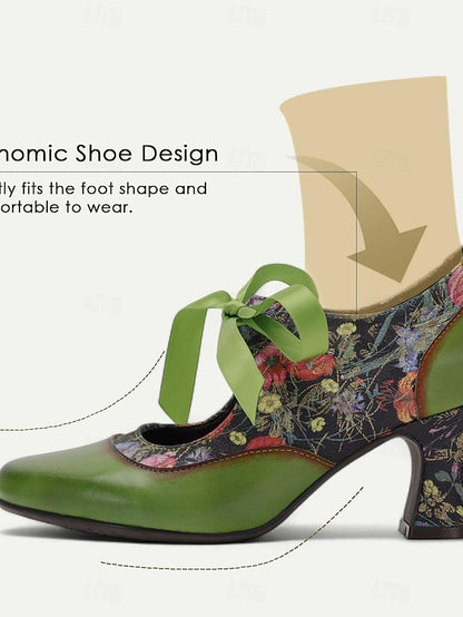 Mary Jane Green Heels Women's Print Floral Leather with