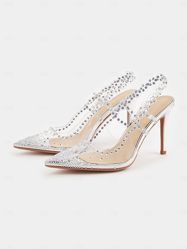 Pointed Heels Slingback with Women's Clear Rhinestone Toe