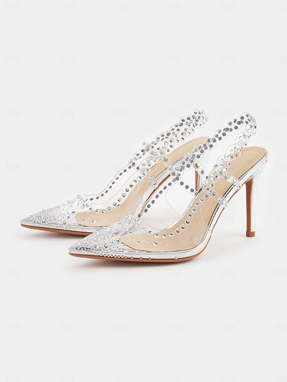 Pointed Heels Slingback with Women's Clear Rhinestone Toe