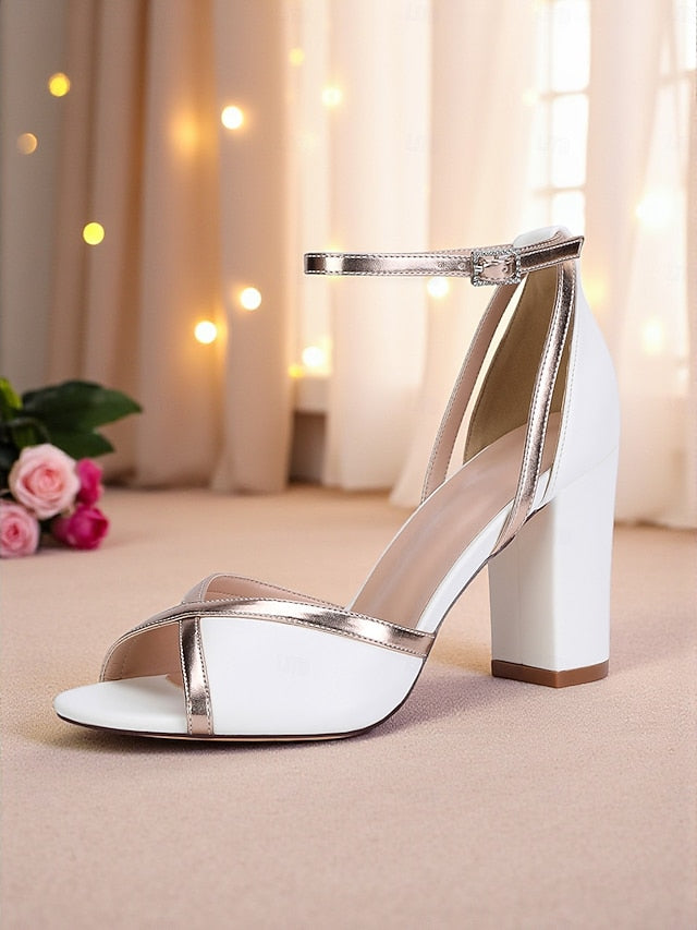 Heel Sandals Women's Metallic White Strap Block with Ankle