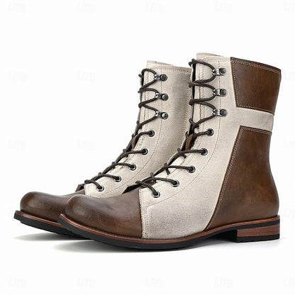 Lace-Up Men's Mid-Calf Faux Leather Two-Tone Vintage Boots