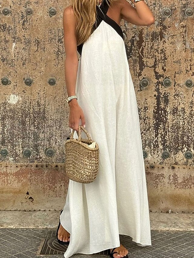 Women's Black White Summer Spring Maxi Dress Cotton Blend