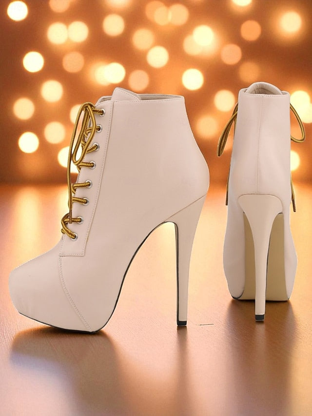 Boots Platform Beige Ankle - Women's Lace-Up Leather Faux