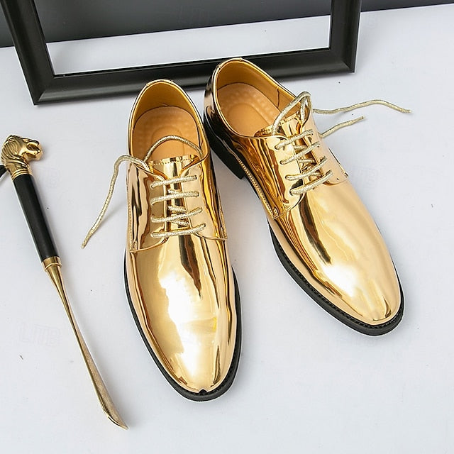 Patent Lace-Up Shoes Sleek Gold for Shiny – Leather Men