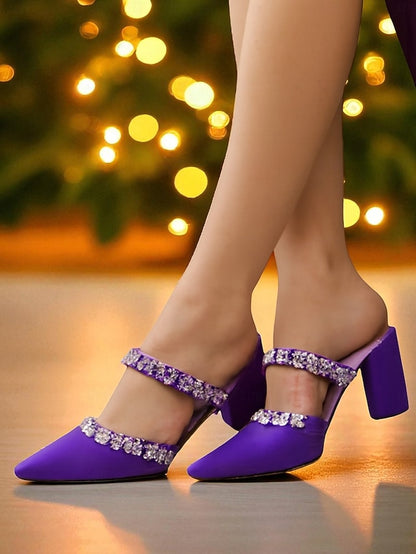 Floral Black Women's Block with Mules Rhinestone Heel Satin