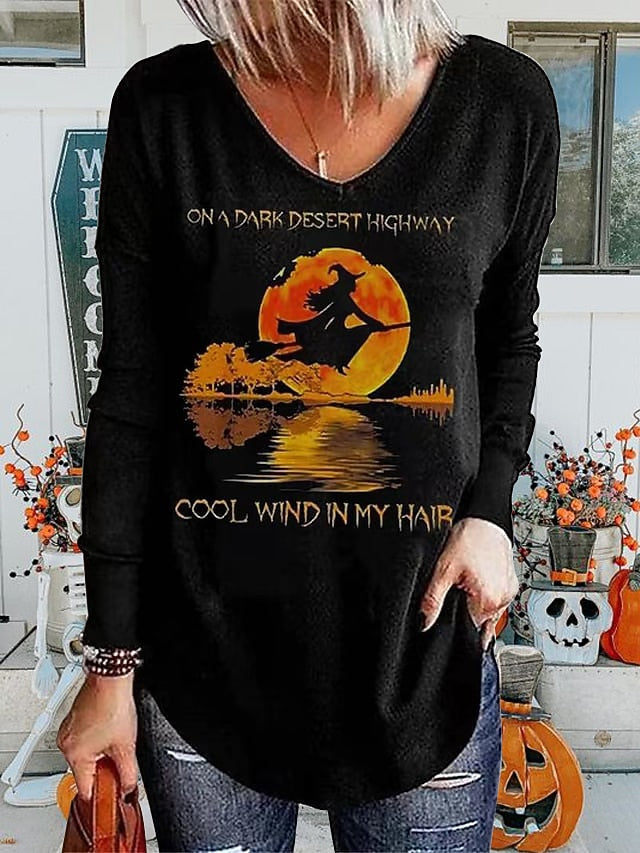 Women's T shirt Witch Long Sleeve V Neck Long Sleeve Tunic