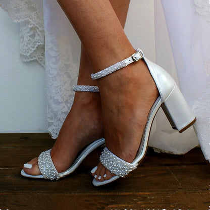 Women's White Block Strap Ankle Embellished Pearl Ivory
