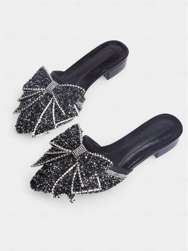 Flat Black Parties – Perfect and Rhinestone-Bow Mules for