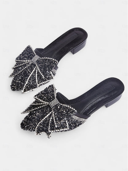 Flat Black Parties – Perfect and Rhinestone-Bow Mules for