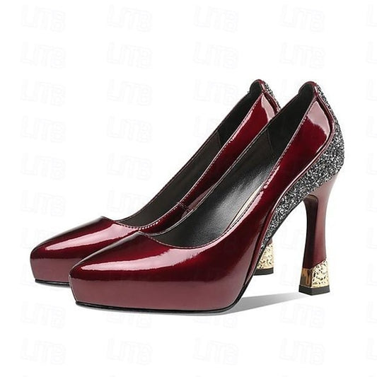 Platform Women's Glitter Leather Patent Heels with Burgundy