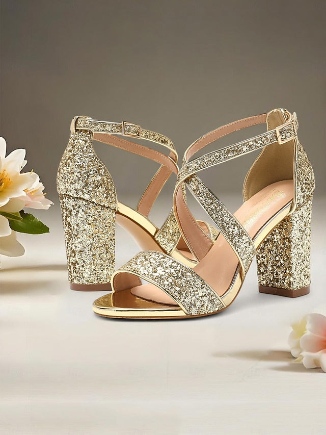 Glitter Gold Sandals Heel Block Women's